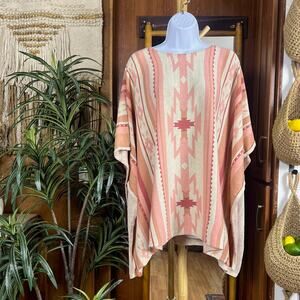 Coldwater Creek Aztec Knit Poncho OS Pink Cotton Southwestern Boho Festival Wrap